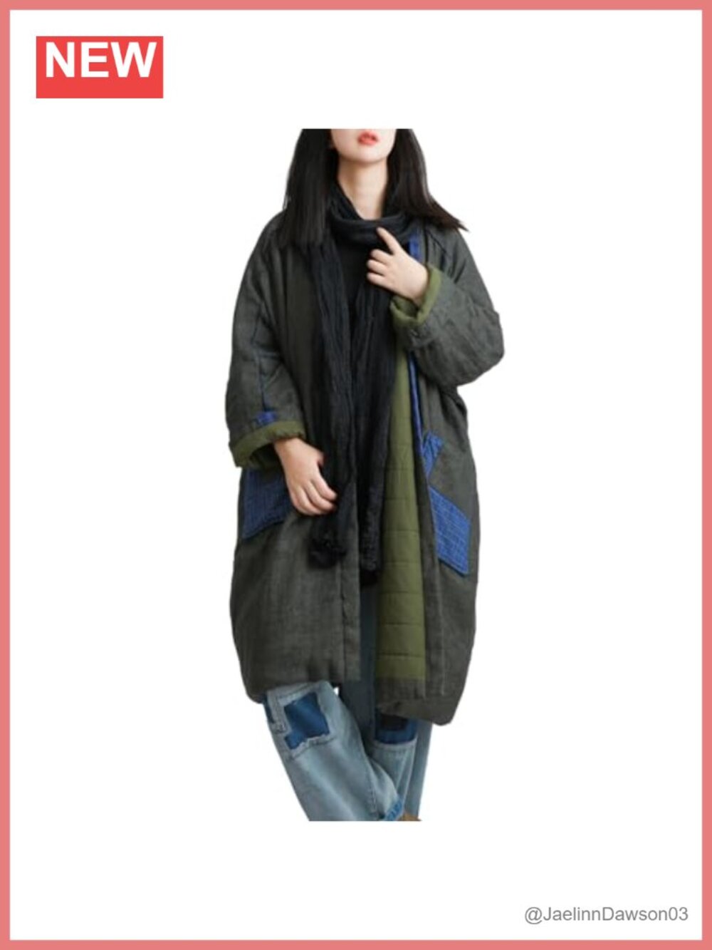 Linen Quilted Long Coat Open Front Loose Fit Patch Pockets Winter